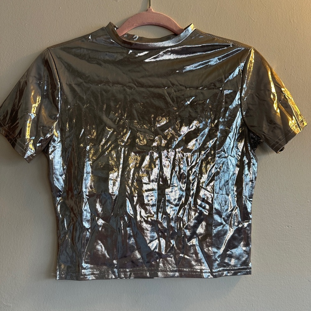 Silver Metallic Short Sleeve crop Top